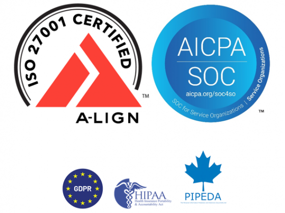 Logos: SOC 2 Type 2, A-Lign ISO 27001, GDPR, HIPAA, PIPEDA